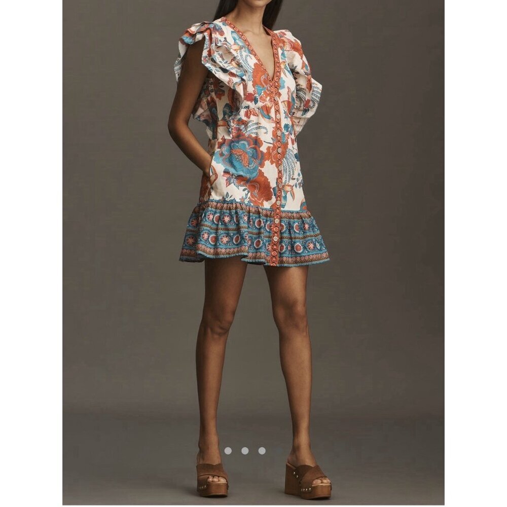 NWT Size S - Farm Rio 100% Cotton Ruffle-Sleeve Mini Dress (NWT US$ 228)